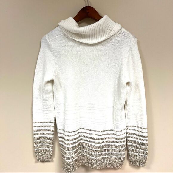 MCalvin Klein off white sweater turtleneck with metallic stripes  S/XS - Picture 7 of 8